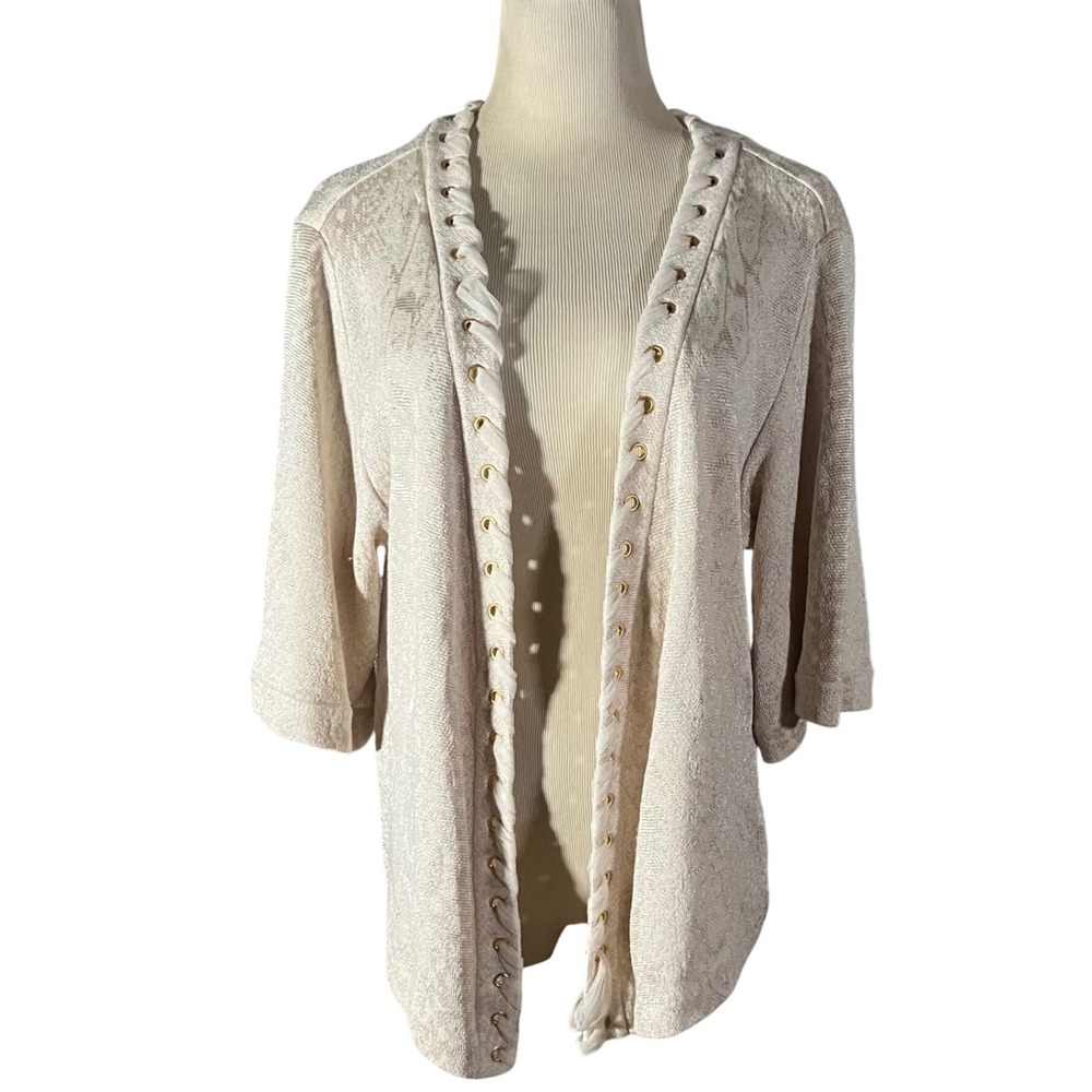 St. John Cardigan Womens M Cream Lace Grommet Detail Vintage Open Front Knit